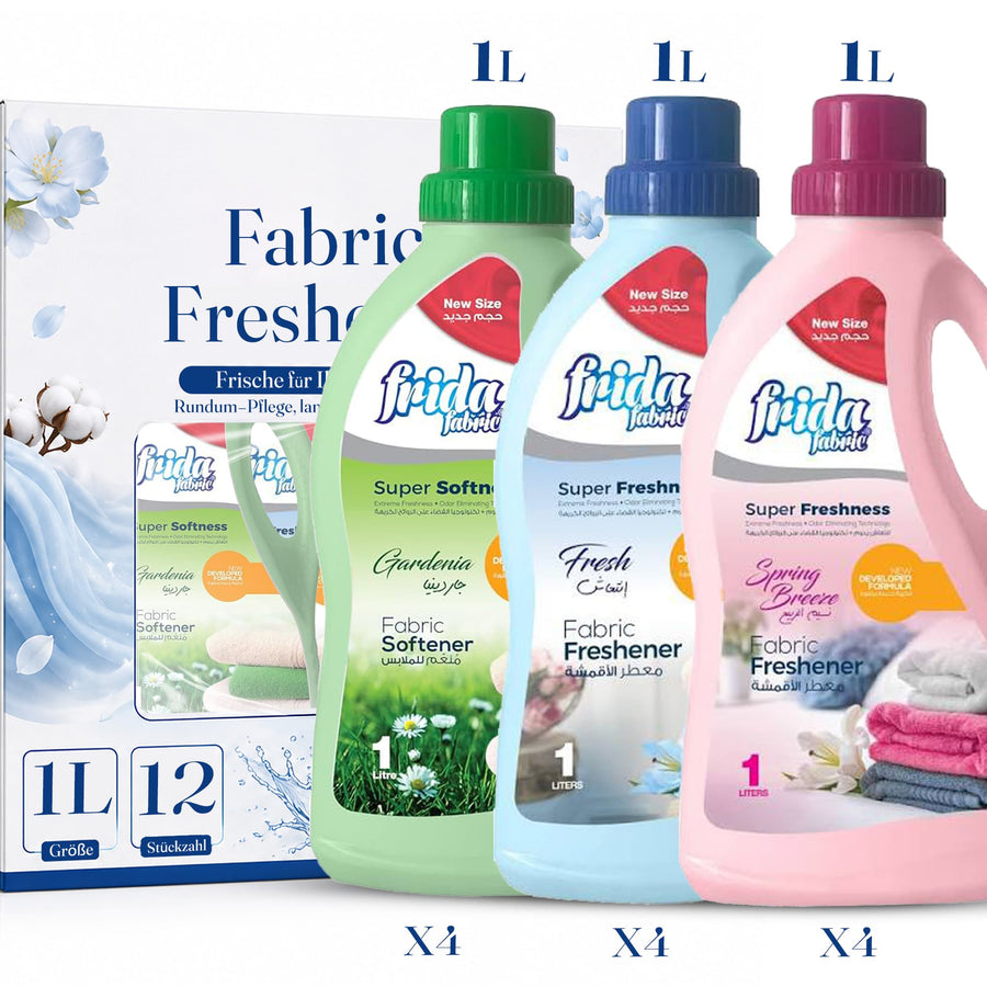 Frida Fabric Textilerfrischer 12 x 1L Mischpaket – Fresh, Gardenia & Spring Breeze Wäscheduft